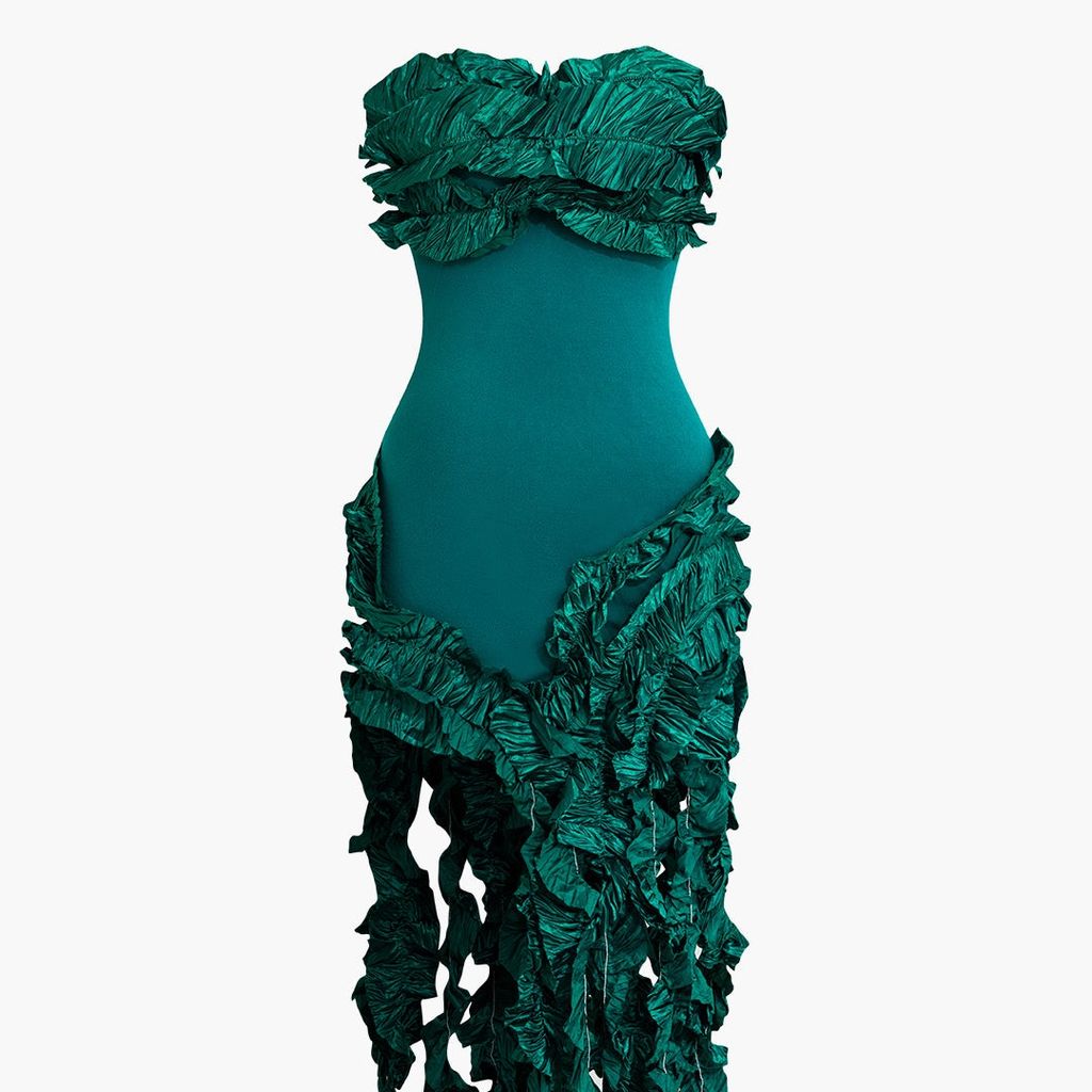 Ruffled Fringe Strapless Midi Dress