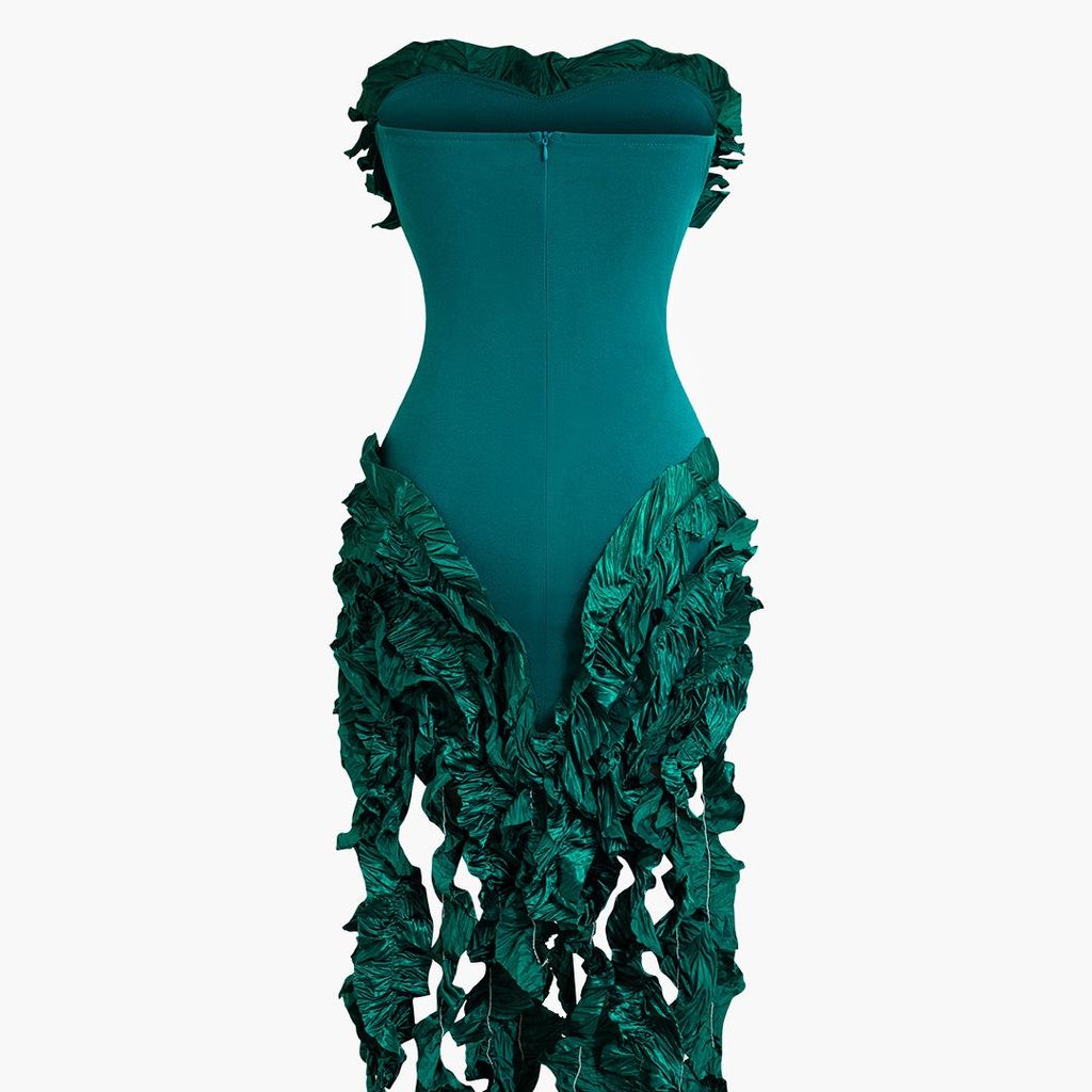 Ruffled Fringe Strapless Midi Dress